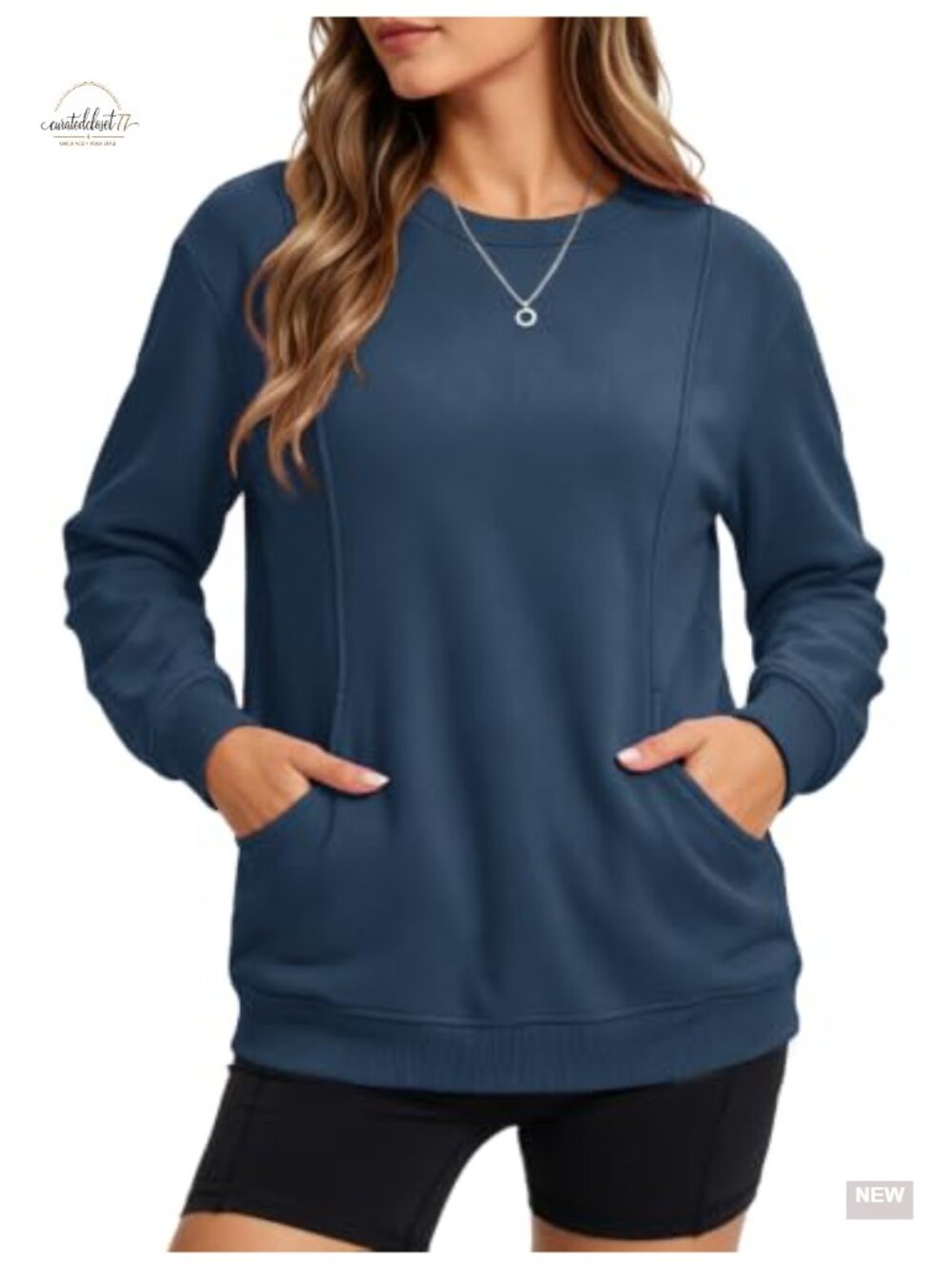 Womens Crewneck Sweatshirt Cotton Poly Long Sleeve Pullover with Pockets